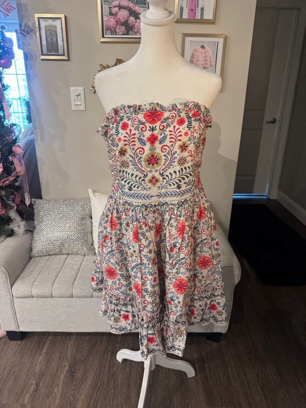 Anthropologie Strapless Floral Embroidered Sundress in Cream, Red, Blue